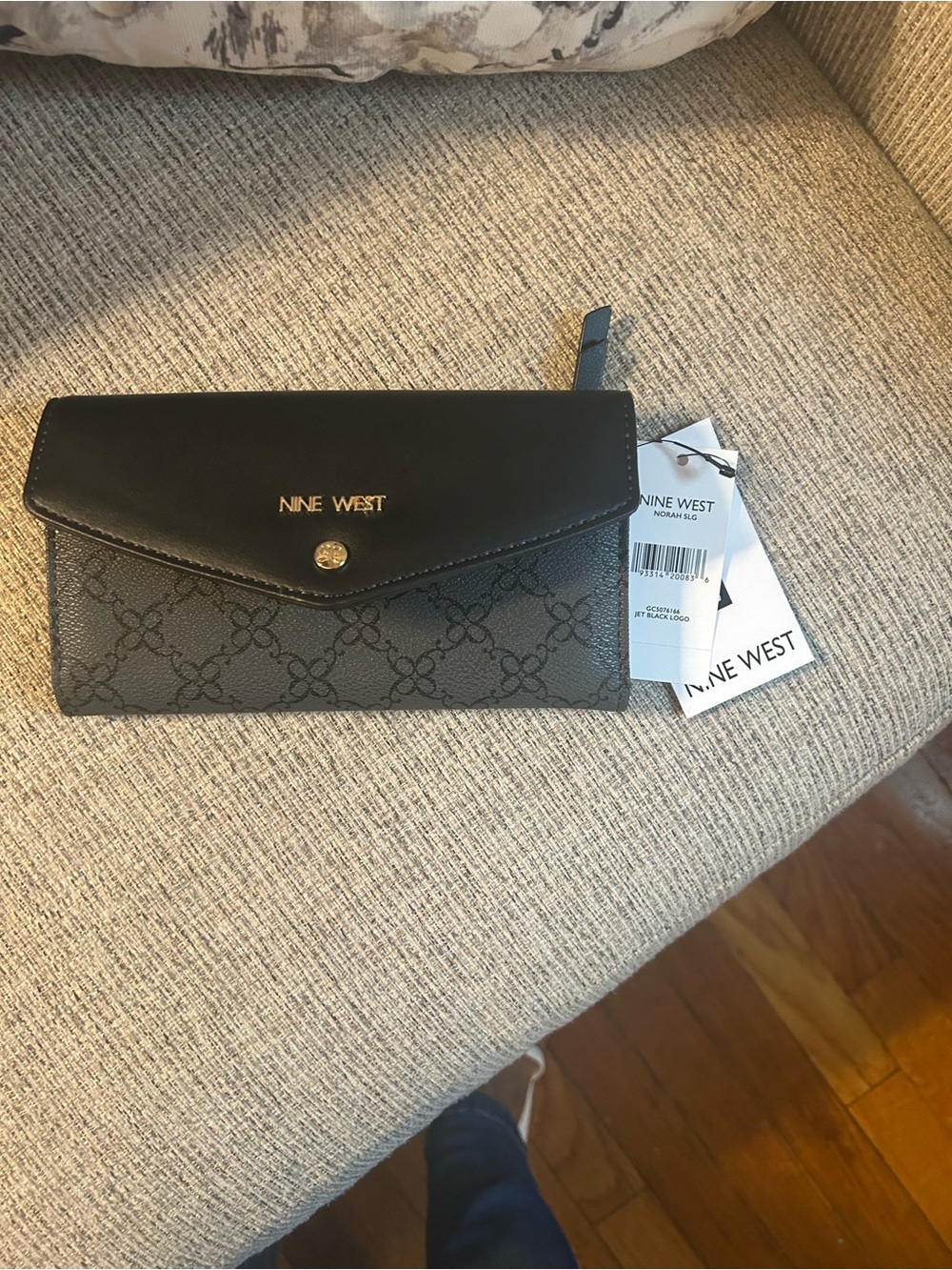 Nine West Black and Gray Signature Envelope Wallet with Gold Hardware